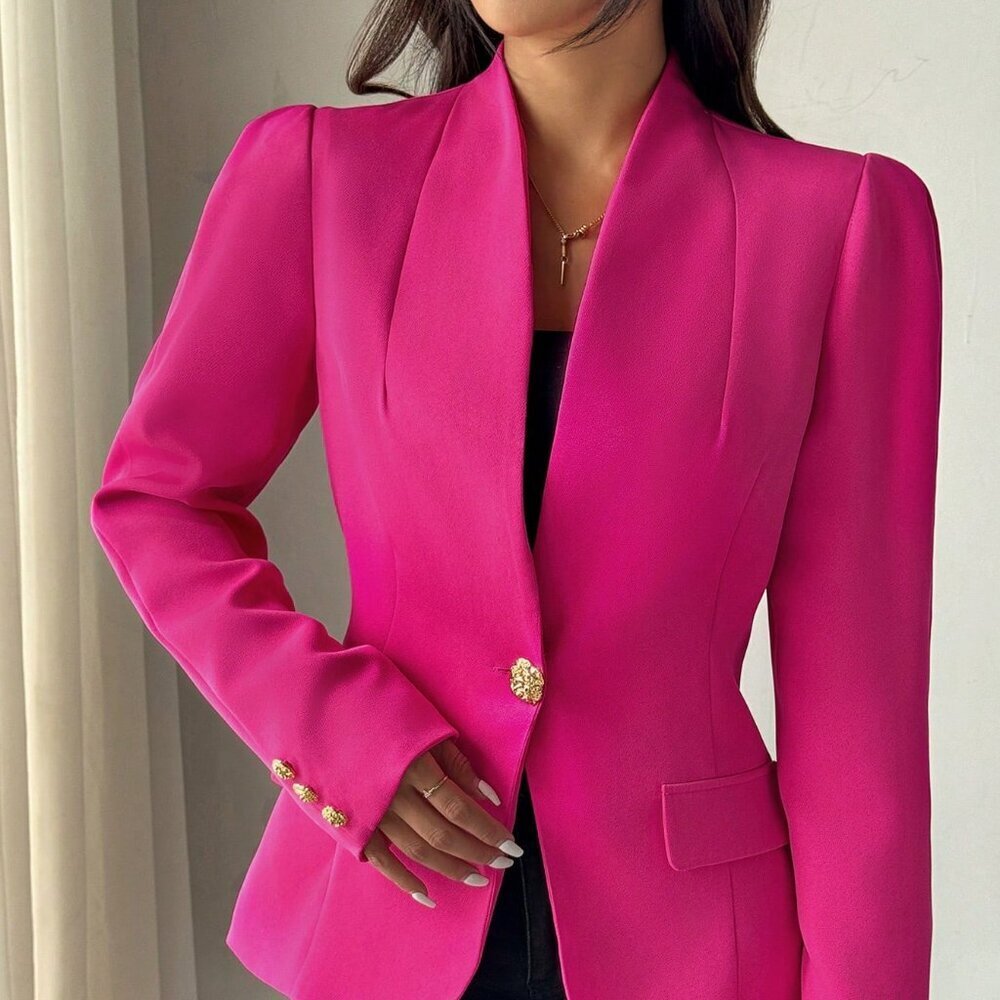 Hot Pink Elegant Women's Solid Single Button Long Sleeve Blazer - Picture 4 of 7